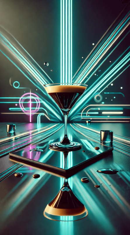 AUf dem Bild ist ein edles Glas gefüllt mit einem Kaffee-Cocktail auf einem Spiegel mit grünem Laser, der futuristisch anmutet.